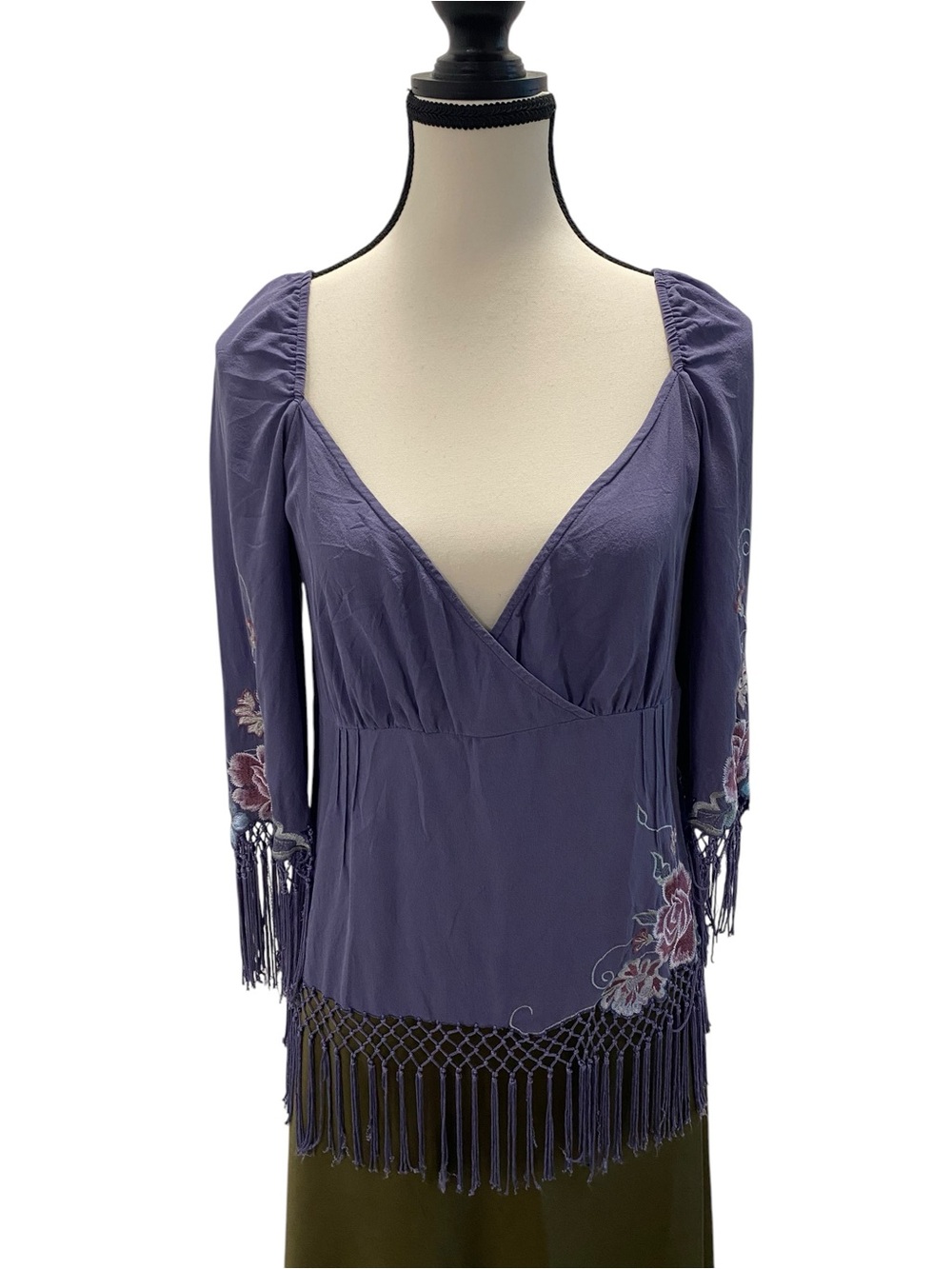Karen Millen Gypsy Occasion Lavender Mauve Silk V-neck Blouse with fringe size10